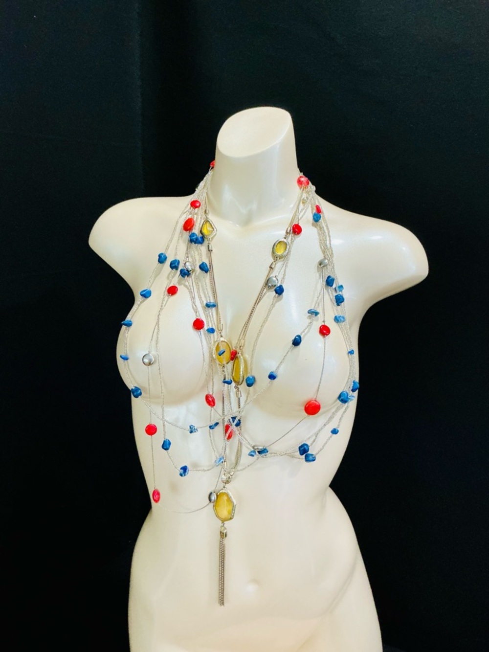 Chico's Multistrand Beaded Necklace in Blue, Red & Yellow Sexy Boho Beach Chic